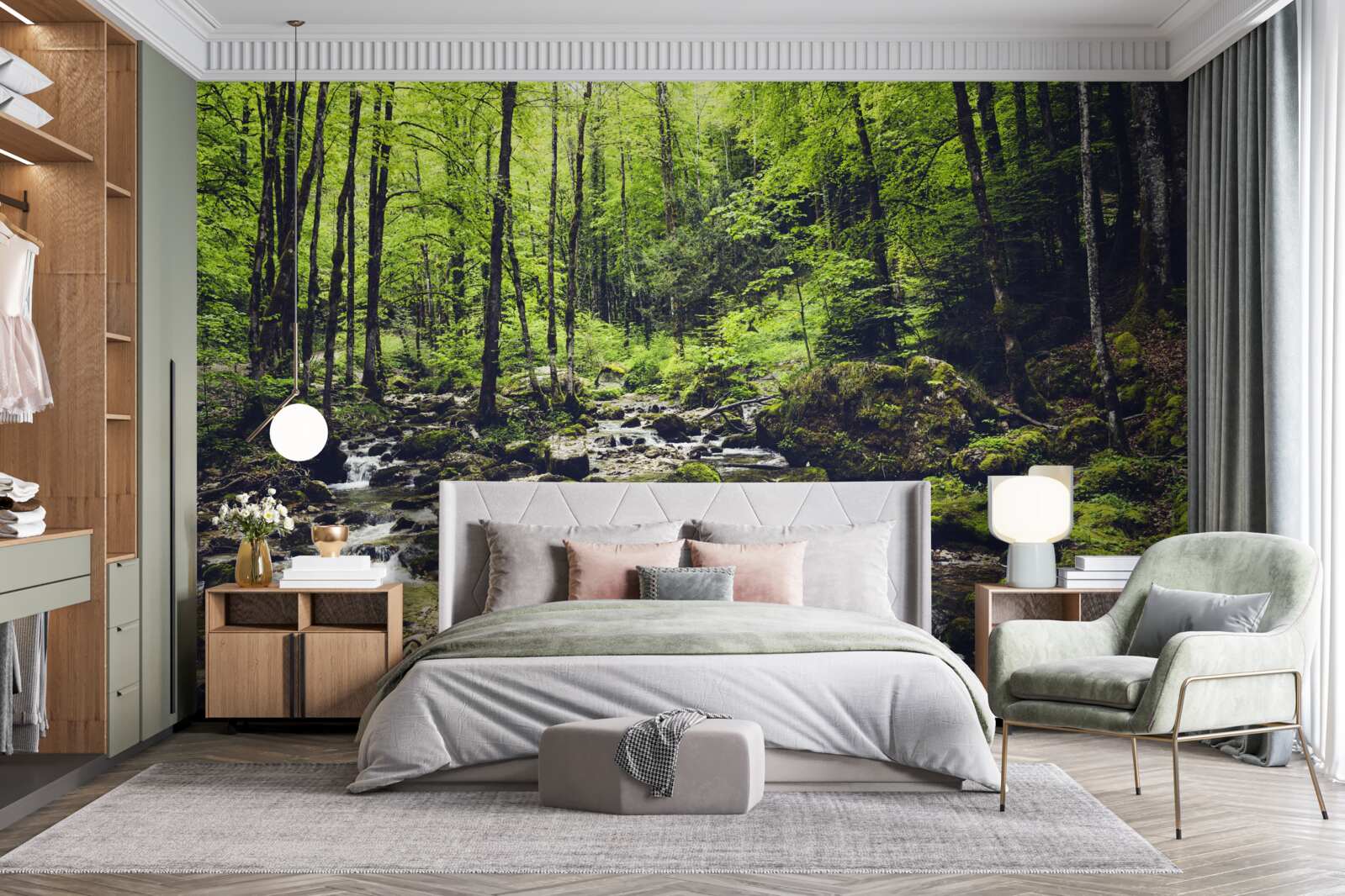 Fototapeta wodospad w górach, otoczony zielonym gajem