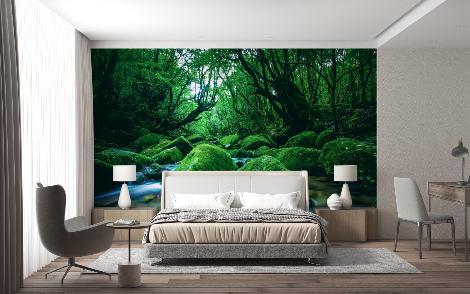 Fototapeta las pogrążony we śnie u podnóża wodospadu