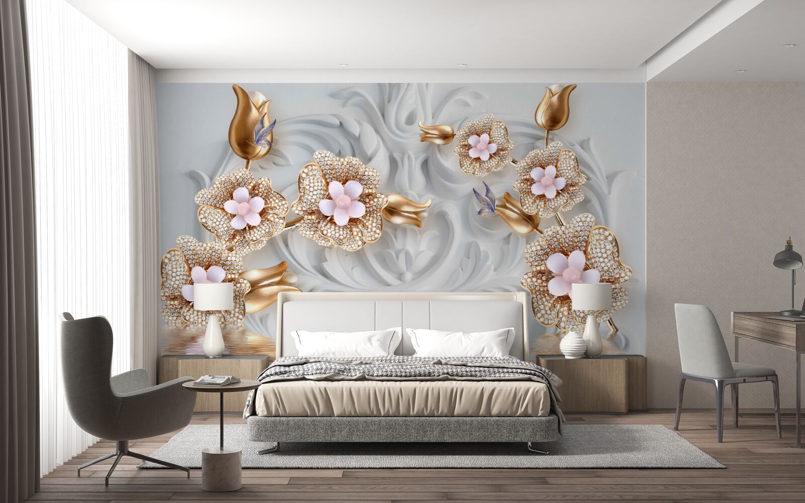 Fototapeta kwiaty w kolorze białym, wykończone w brązie i ozdobione kryształkami