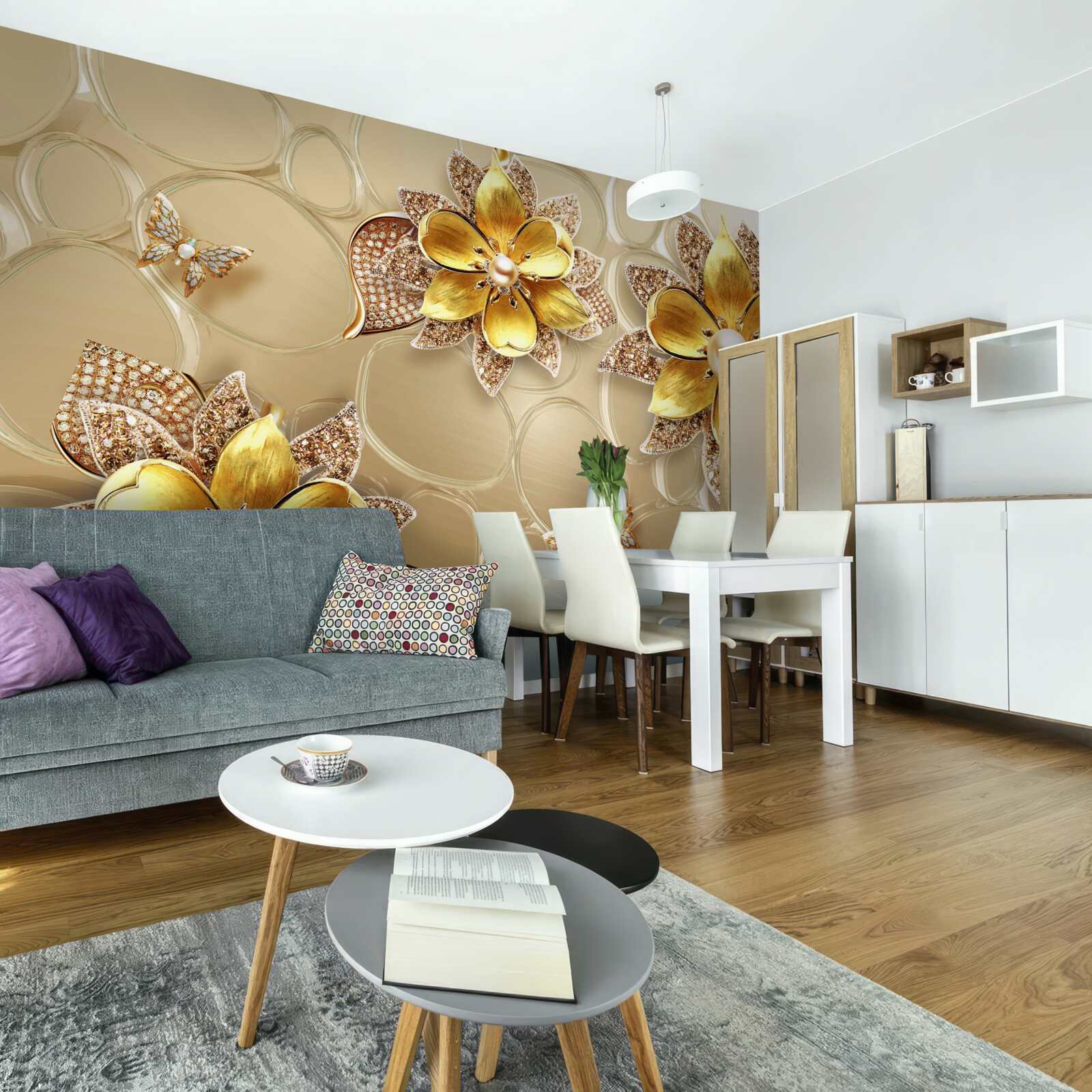 Fototapeta kwiaty wykonane ze złota, ozdobione kryształkami