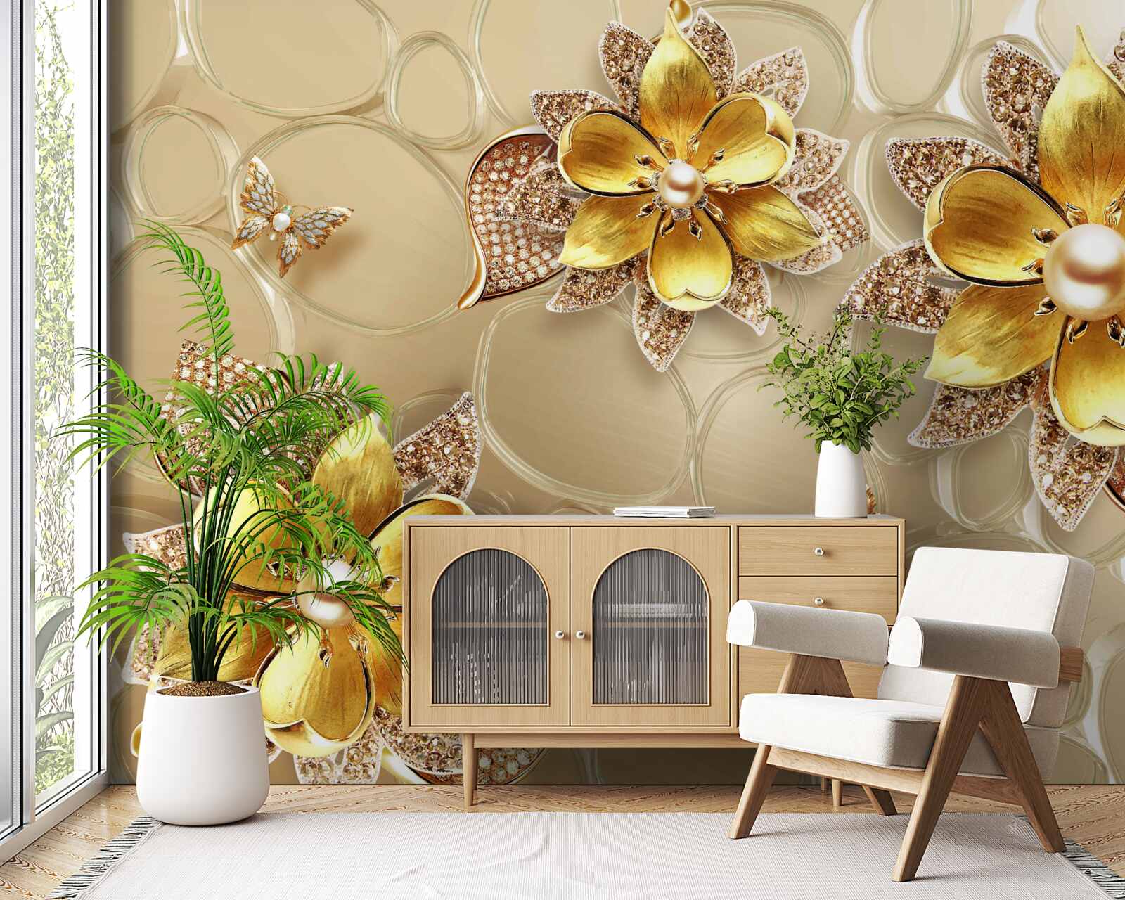 Fototapeta kwiaty wykonane ze złota, ozdobione kryształkami