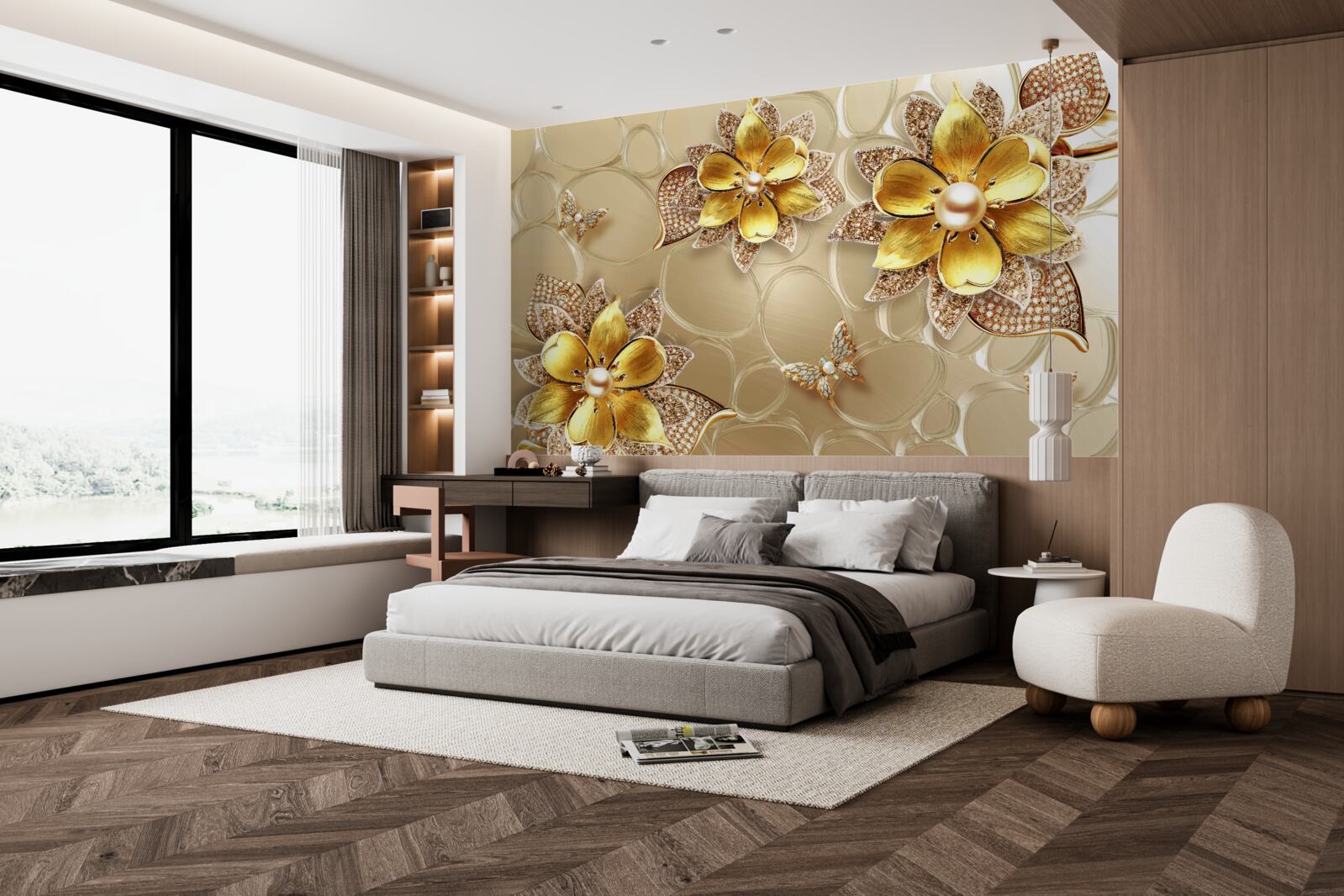 Fototapeta kwiaty wykonane ze złota, ozdobione kryształkami