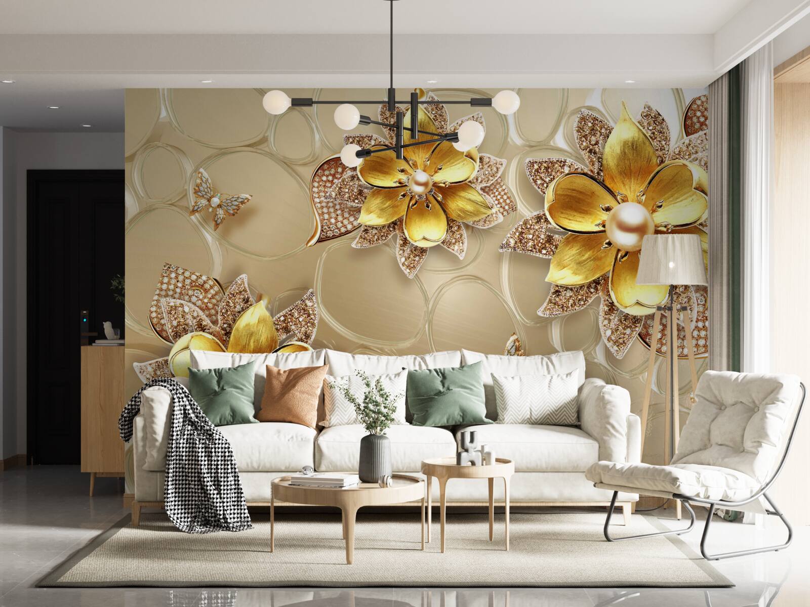 Fototapeta kwiaty wykonane ze złota, ozdobione kryształkami