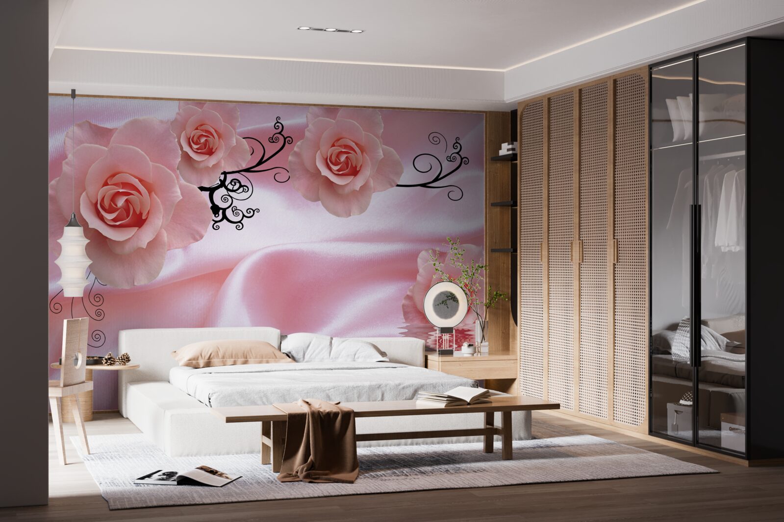 Fototapeta miękkie różowe kwiaty na różowym jedwabnym materiale