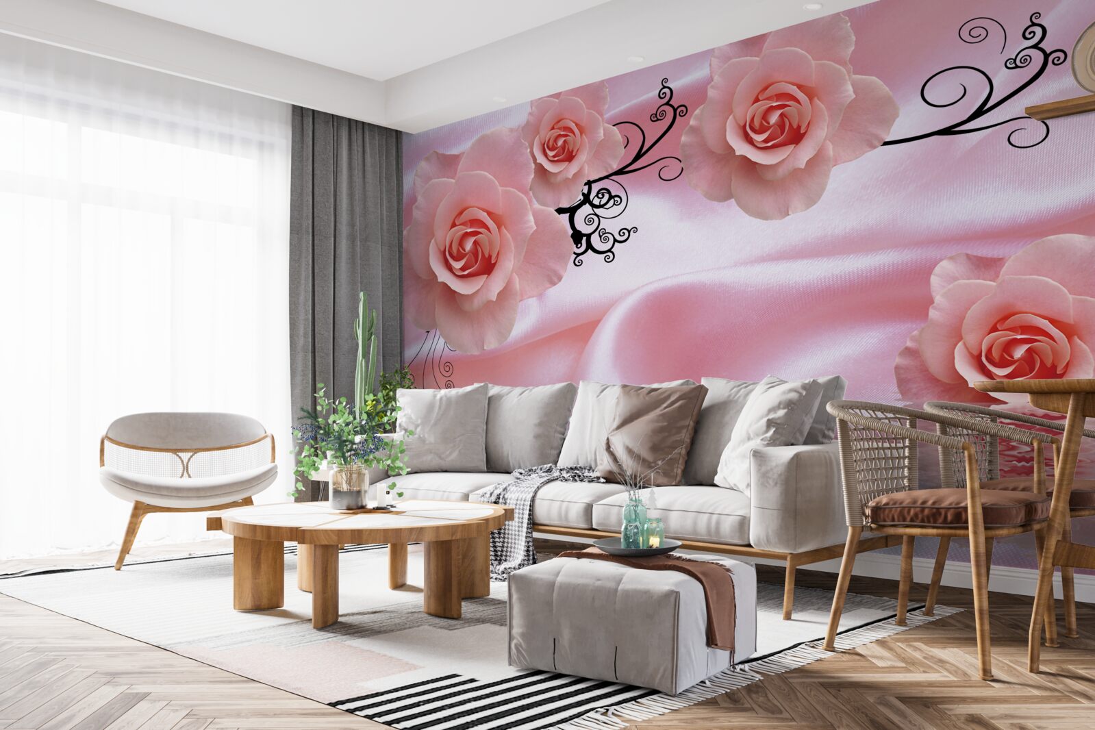 Fototapeta miękkie różowe kwiaty na różowym jedwabnym materiale