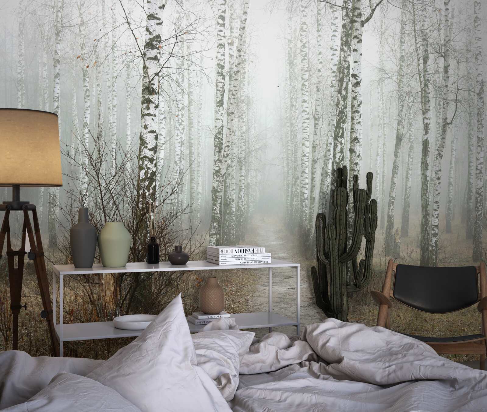 Fototapeta Ścieżka przez zamglony las pełen brzóz