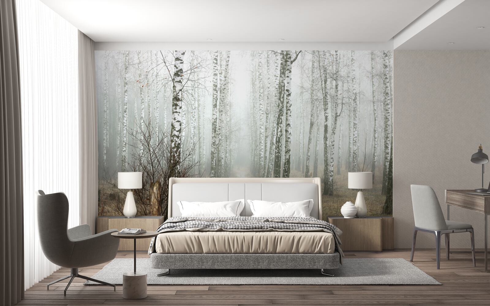 Fototapeta Ścieżka przez zamglony las pełen brzóz