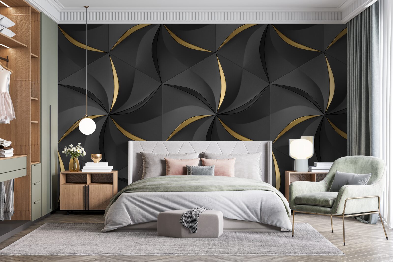 Fototapeta złote spirale na czarnym tle