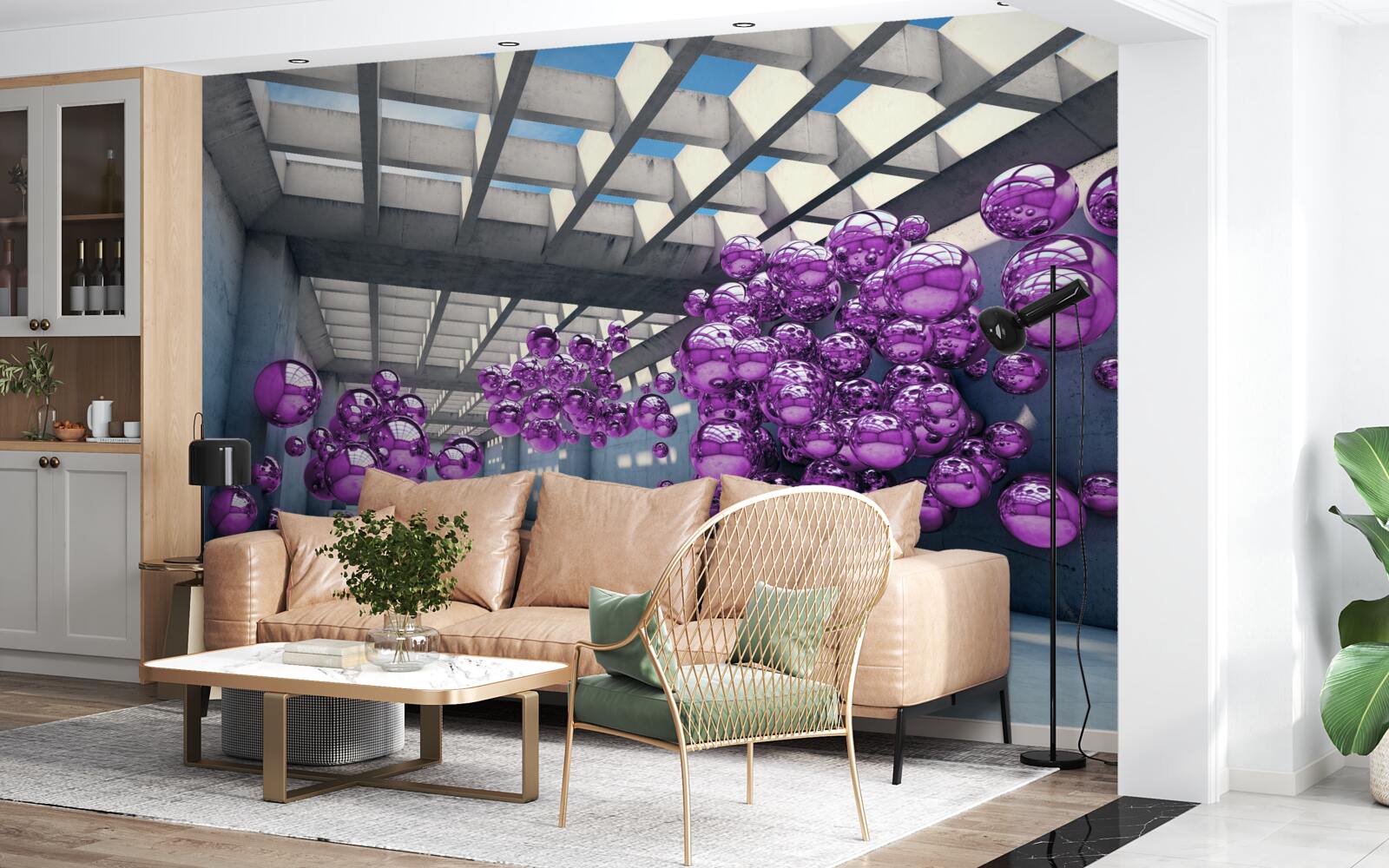 Fototapeta w pomieszczeniu unoszą się liliowe kulki