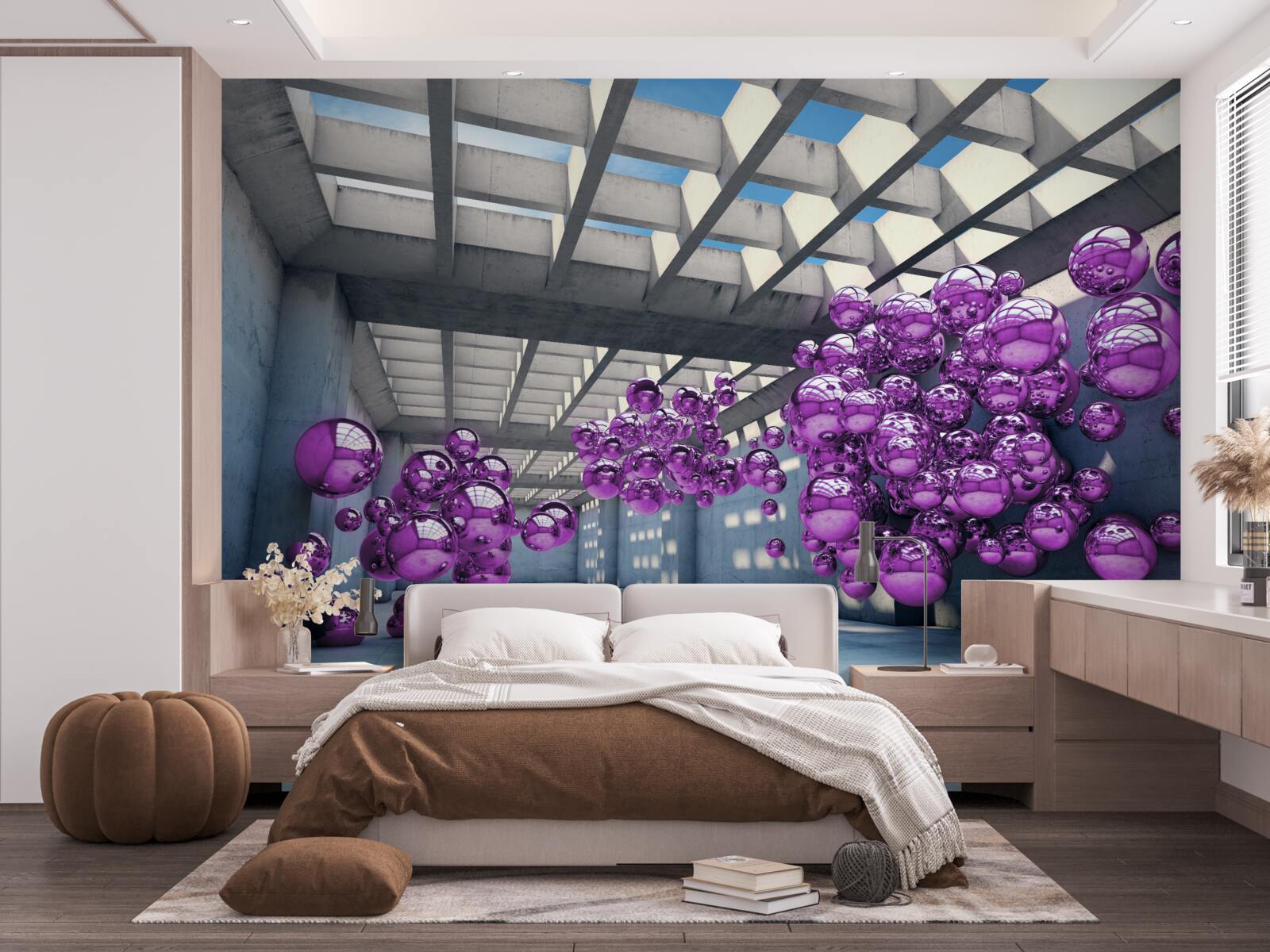 Fototapeta w pomieszczeniu unoszą się liliowe kulki