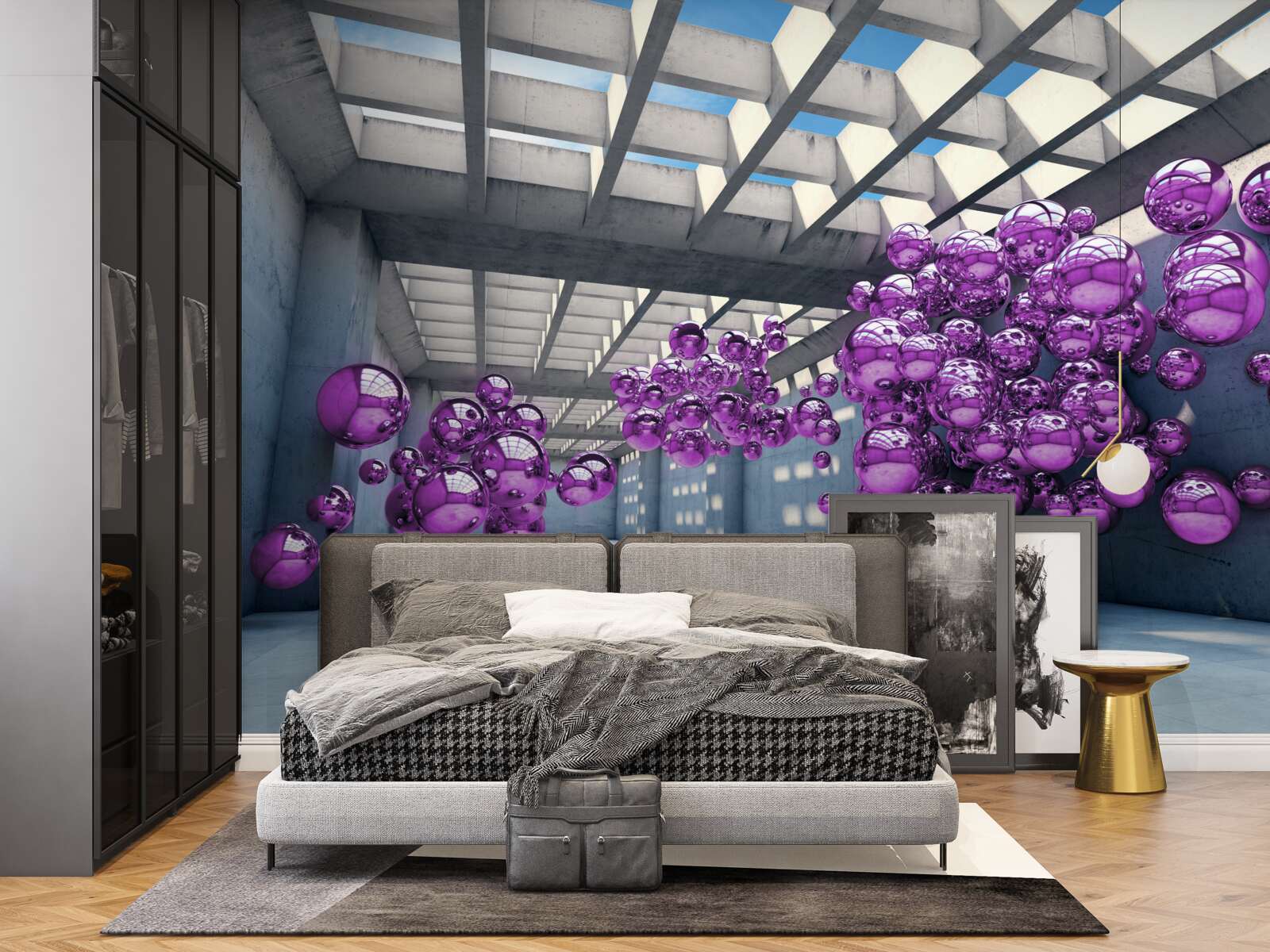 Fototapeta w pomieszczeniu unoszą się liliowe kulki