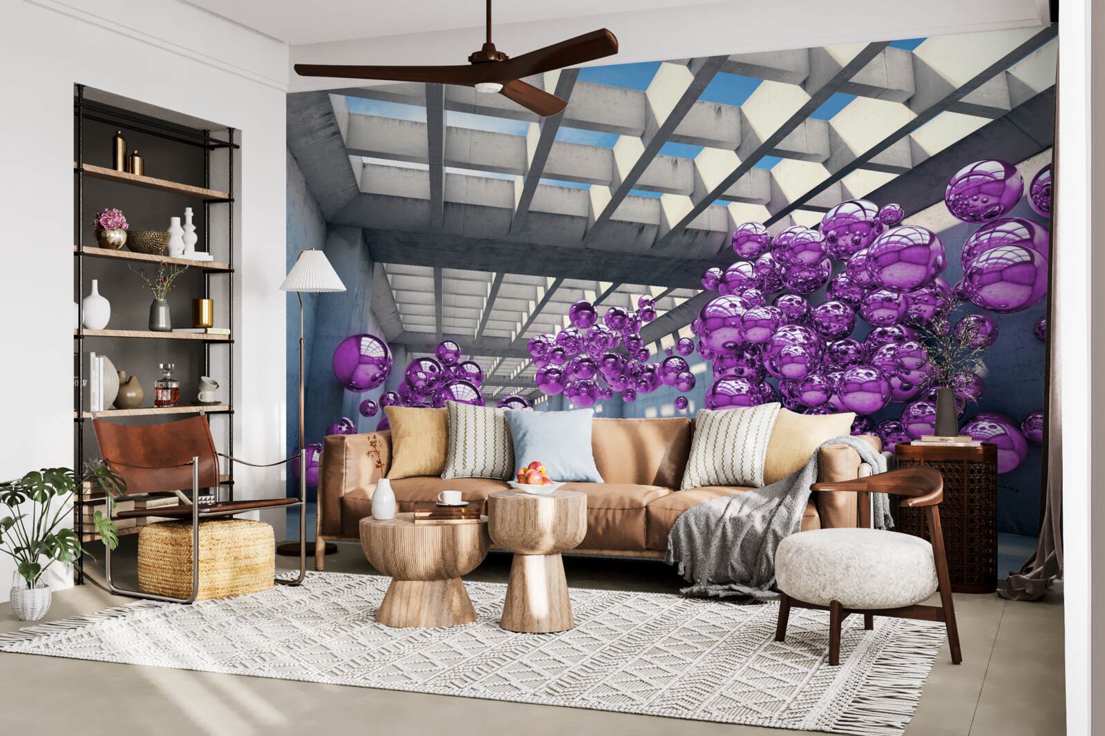 Fototapeta w pomieszczeniu unoszą się liliowe kulki