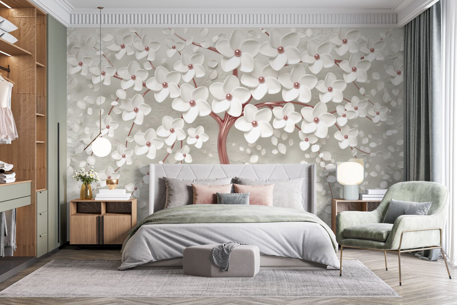 Fototapeta drzewo kwitnące na biało, obficie kwitnące