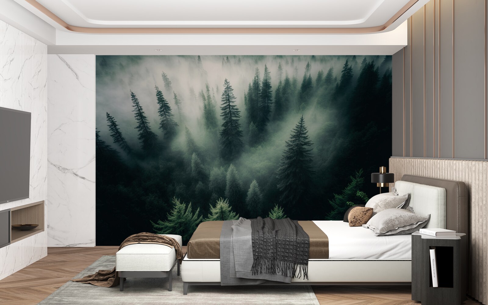 Fototapeta mgła w ponurym sosnowym kącie