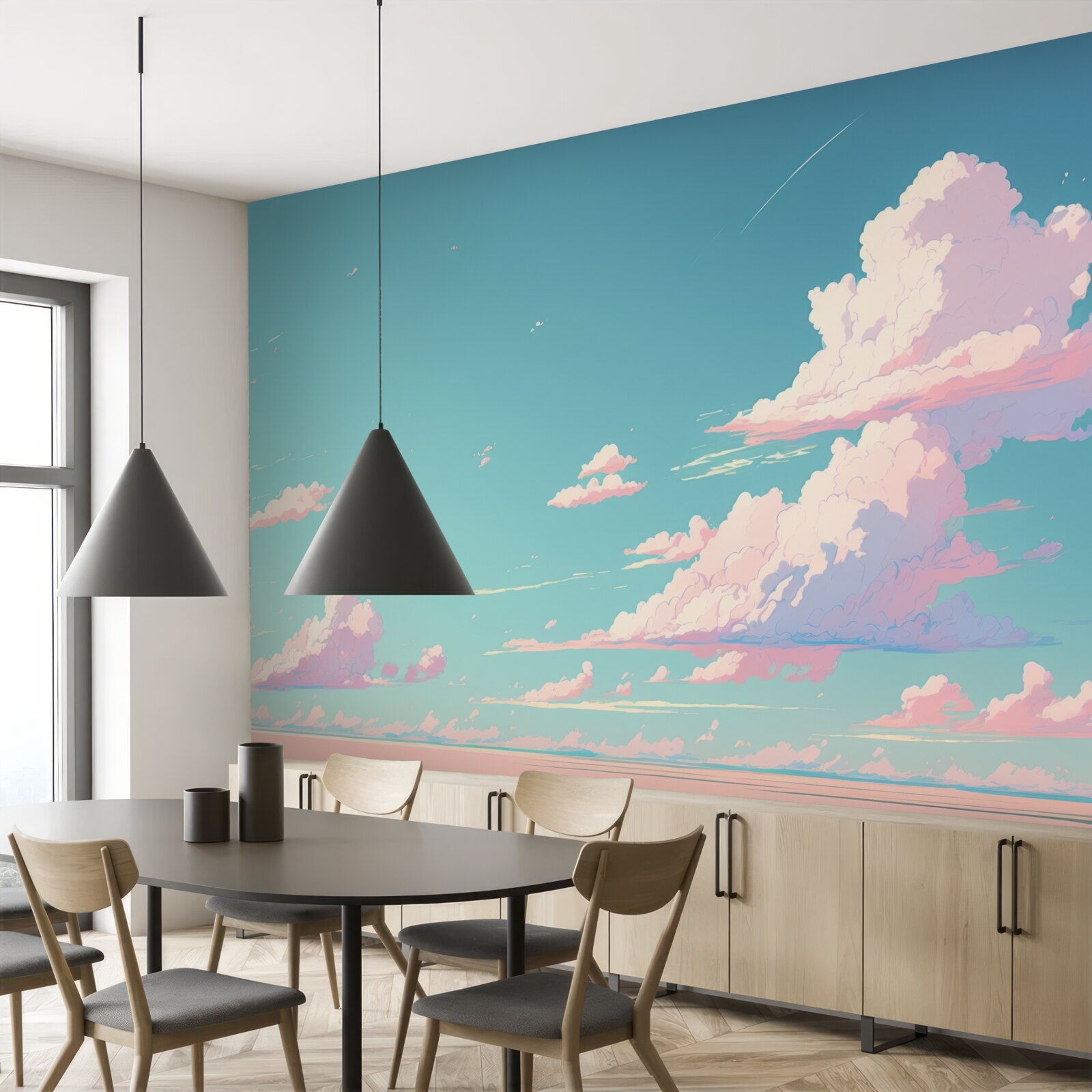 Fototapeta błękitne niebo ozdobione jest różowymi chmurami