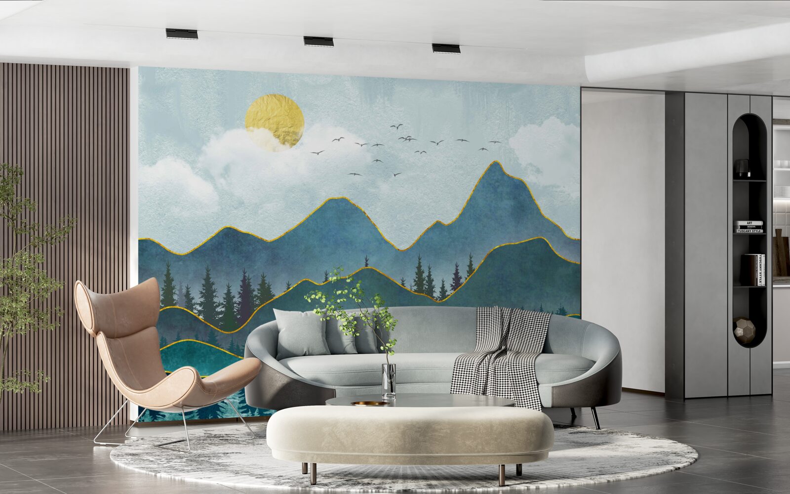 Fototapeta graficzny obraz doliny rzeki i drzewa górskiego