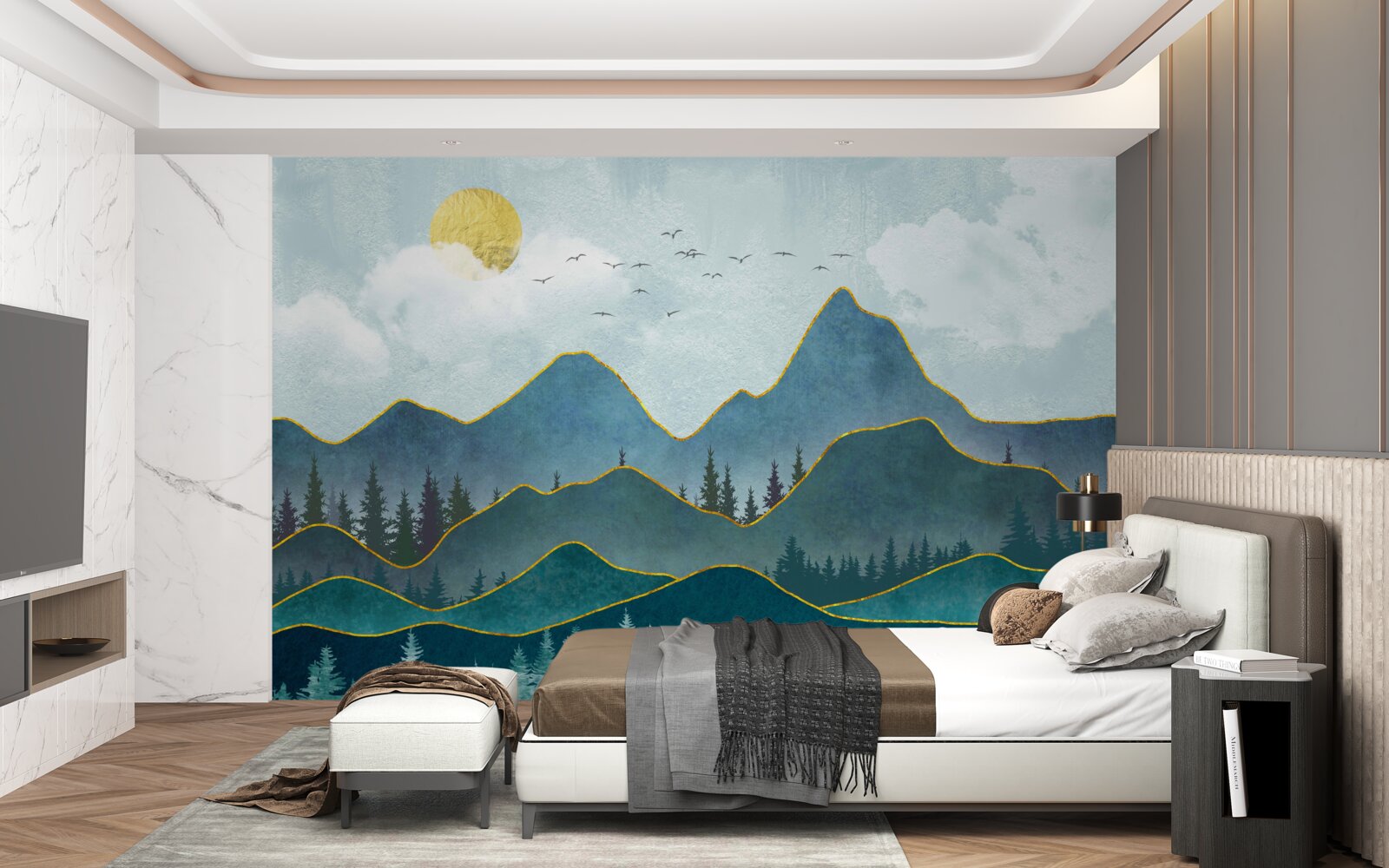 Fototapeta graficzny obraz doliny rzeki i drzewa górskiego