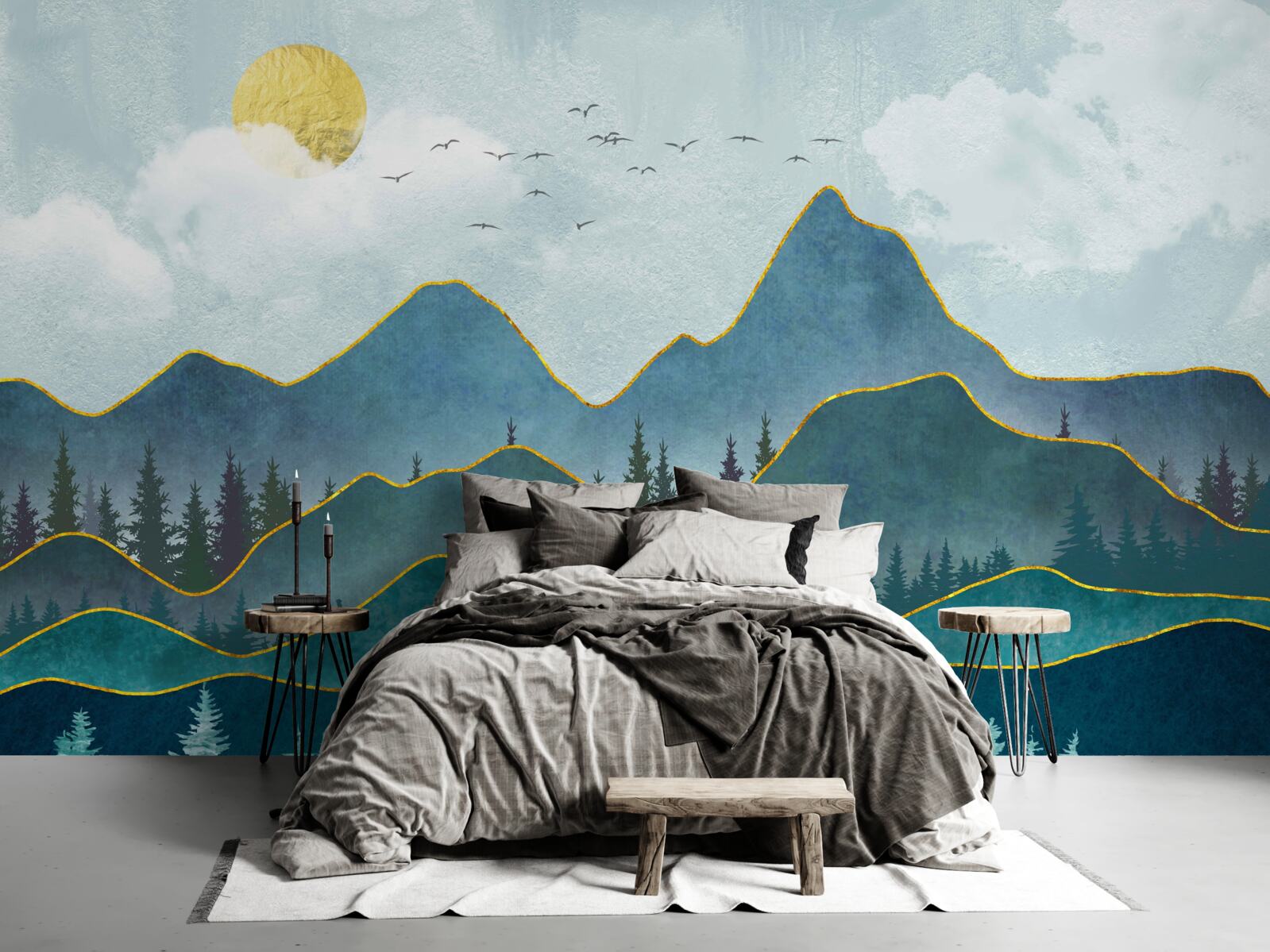 Fototapeta graficzny obraz doliny rzeki i drzewa górskiego