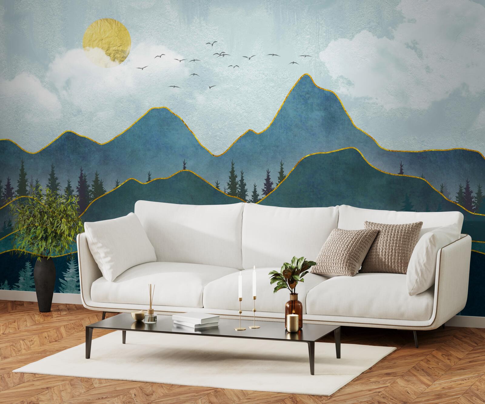 Fototapeta graficzny obraz doliny rzeki i drzewa górskiego