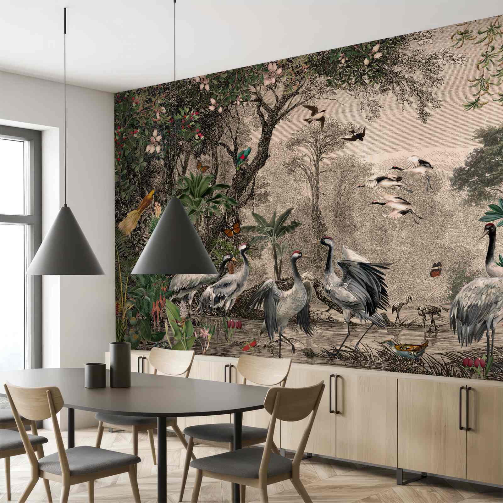 Fototapeta skupisko żurawi w pobliżu leśnego stawu