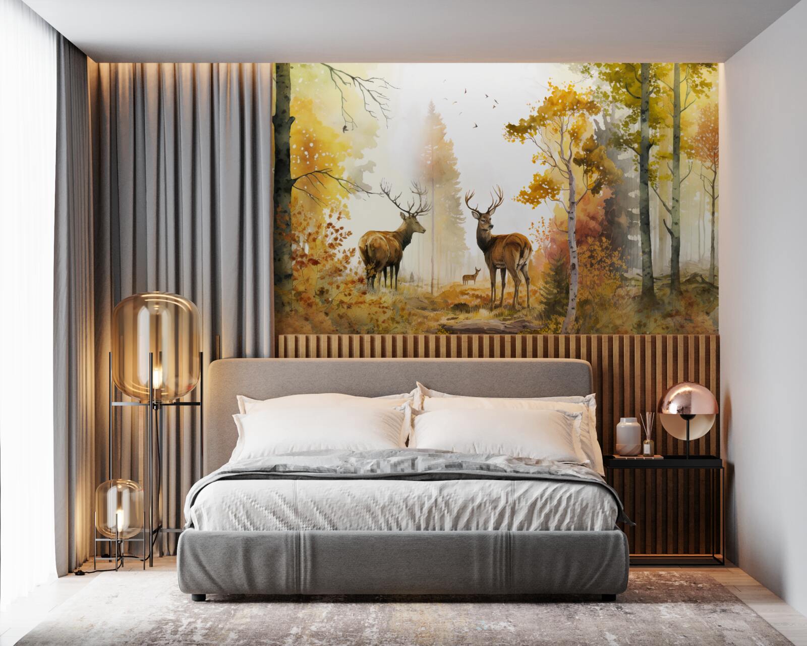 Fototapeta jesienny las staje się terenem spacerów dla jeleni