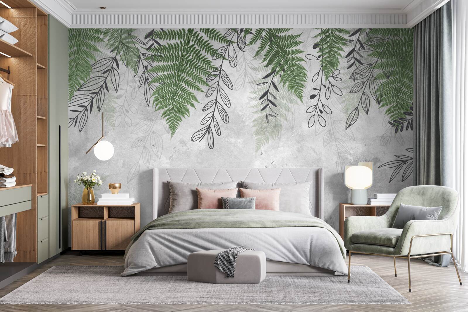 Fototapeta liście paproci w zielonym odcieniu na szarym tle
