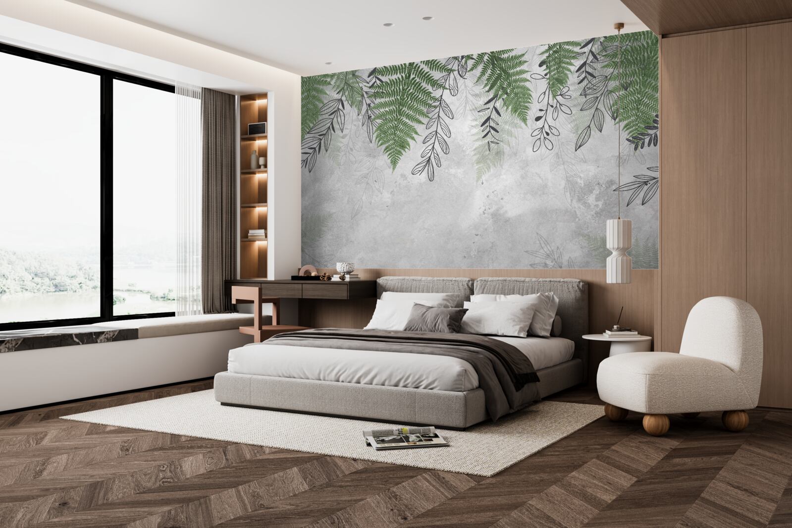 Fototapeta liście paproci w zielonym odcieniu na szarym tle