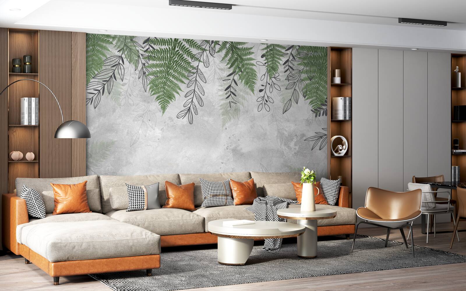 Fototapeta liście paproci w zielonym odcieniu na szarym tle