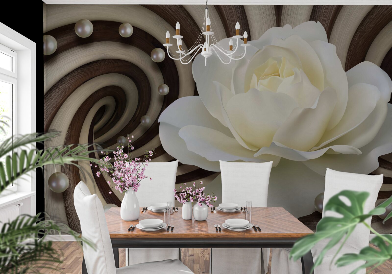 Fototapeta róża jest biała z perłowymi dekoracjami i lokami