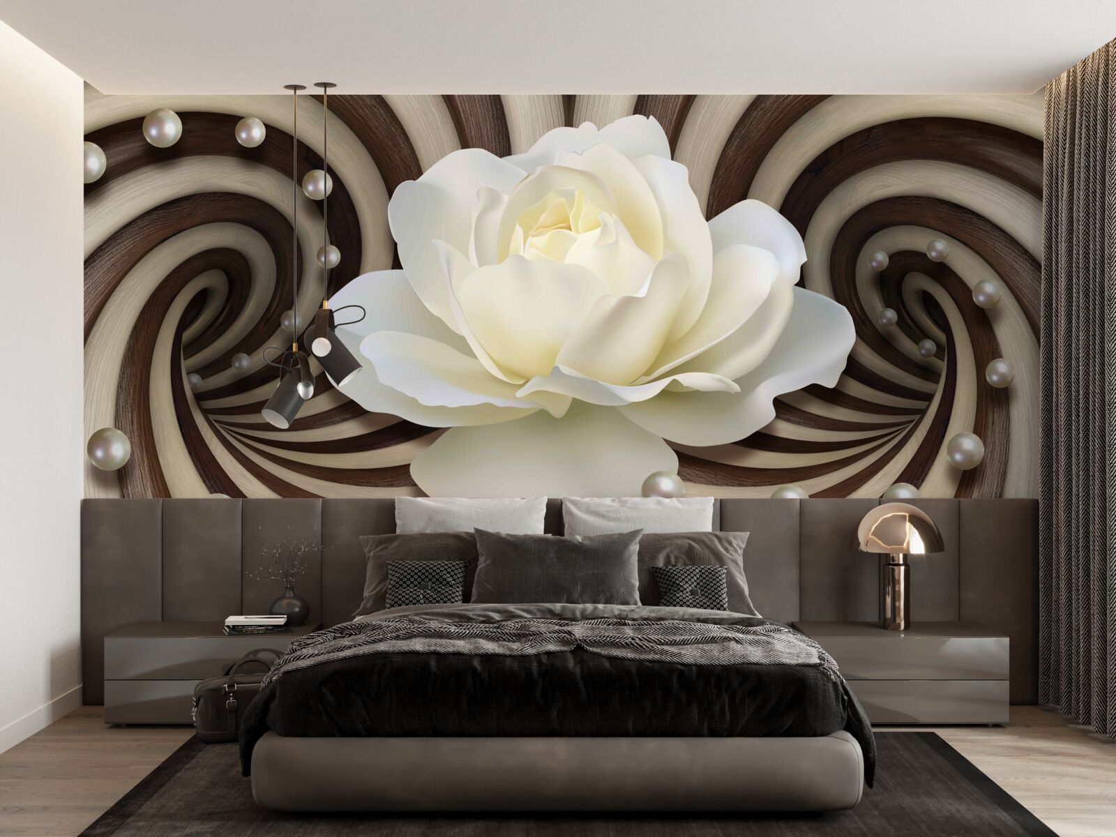 Fototapeta róża jest biała z perłowymi dekoracjami i lokami