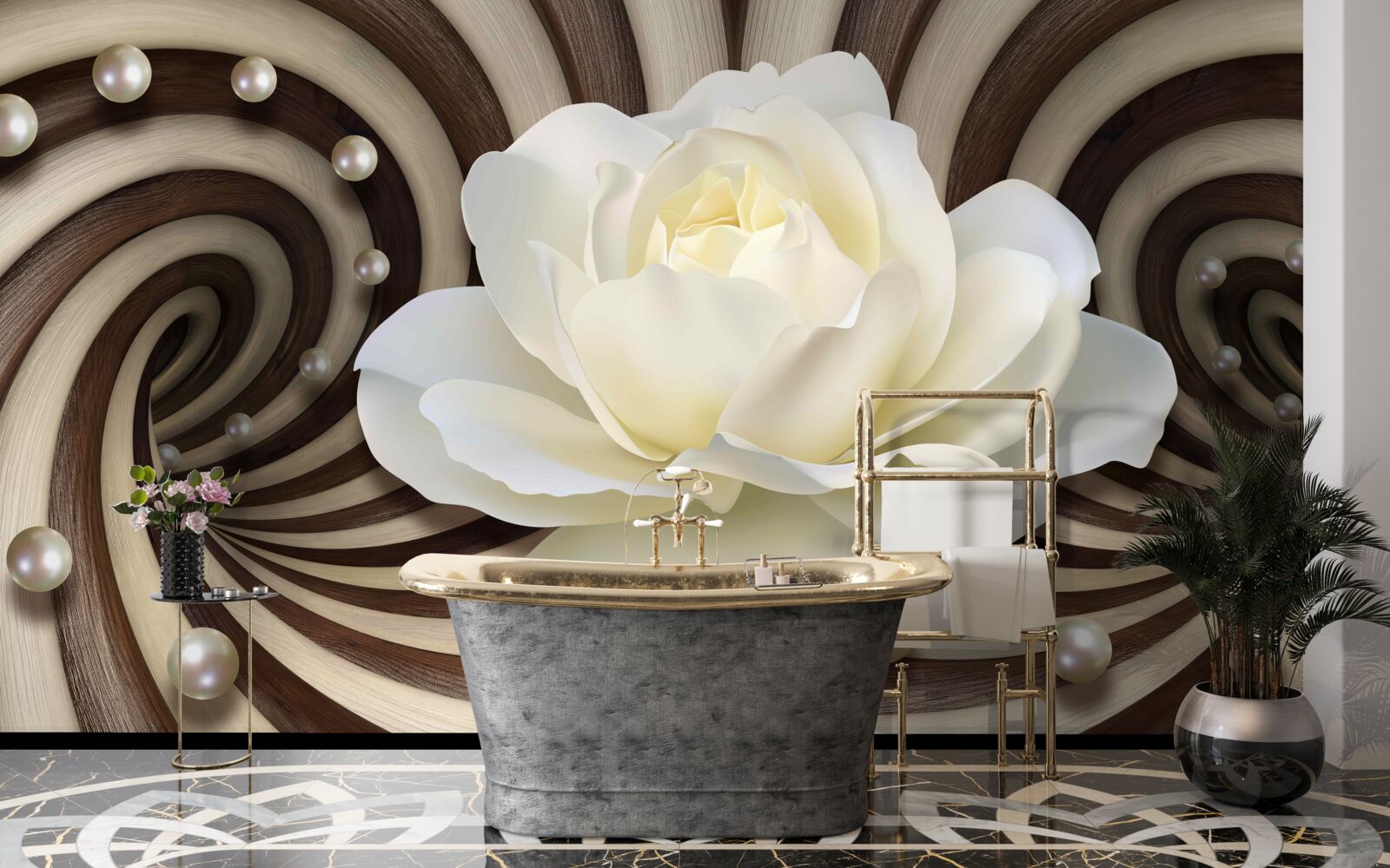 Fototapeta róża jest biała z perłowymi dekoracjami i lokami