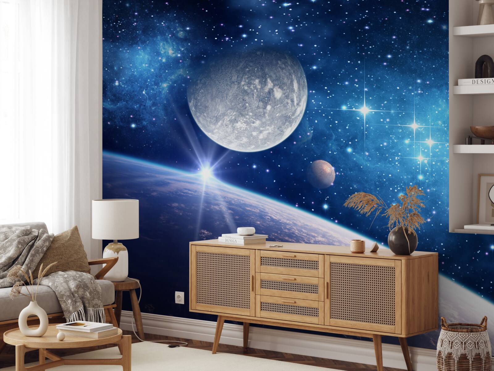 Fototapeta księżyc jest w tle, a ziemia na pierwszym planie