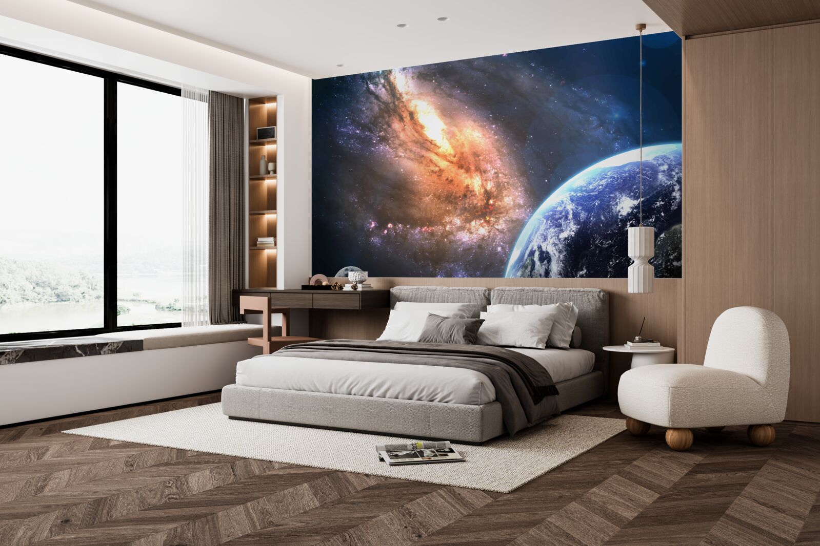 Fototapeta planeta, satelita i nowo odkryta galaktyka