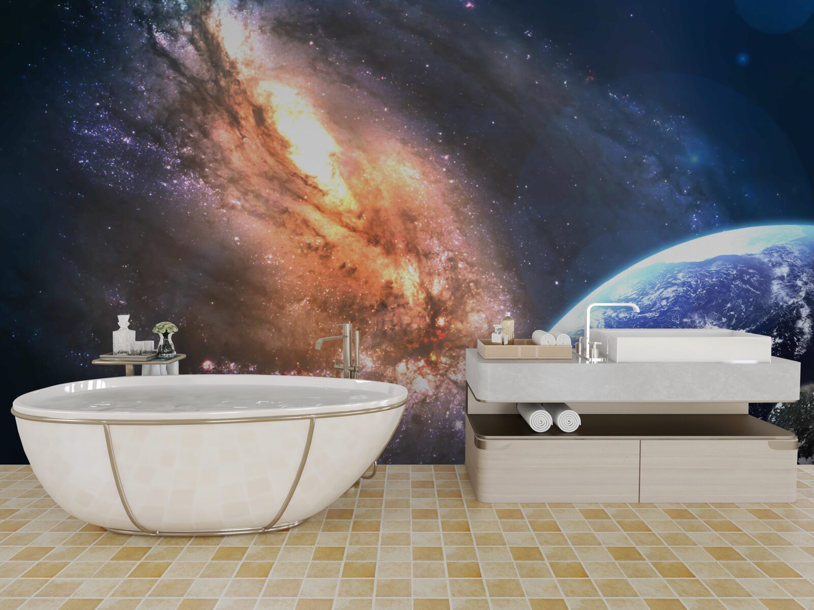 Fototapeta planeta, satelita i nowo odkryta galaktyka