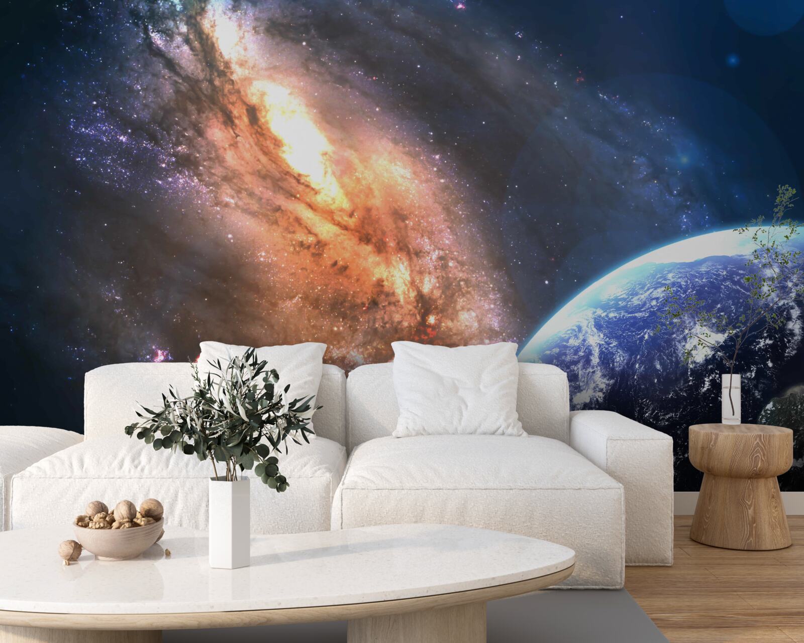 Fototapeta planeta, satelita i nowo odkryta galaktyka