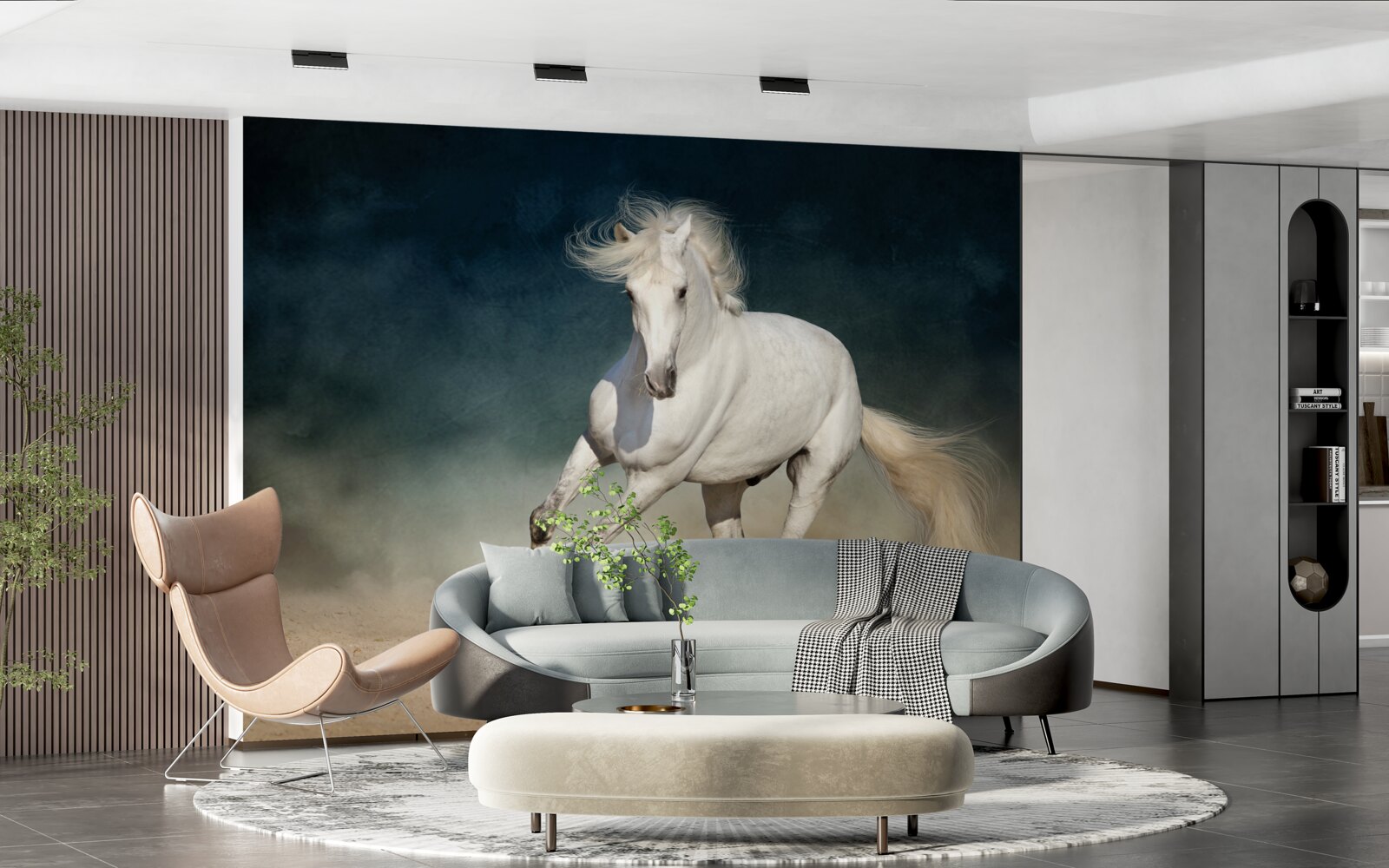 Fototapeta biały koń galopuje po otwartym polu