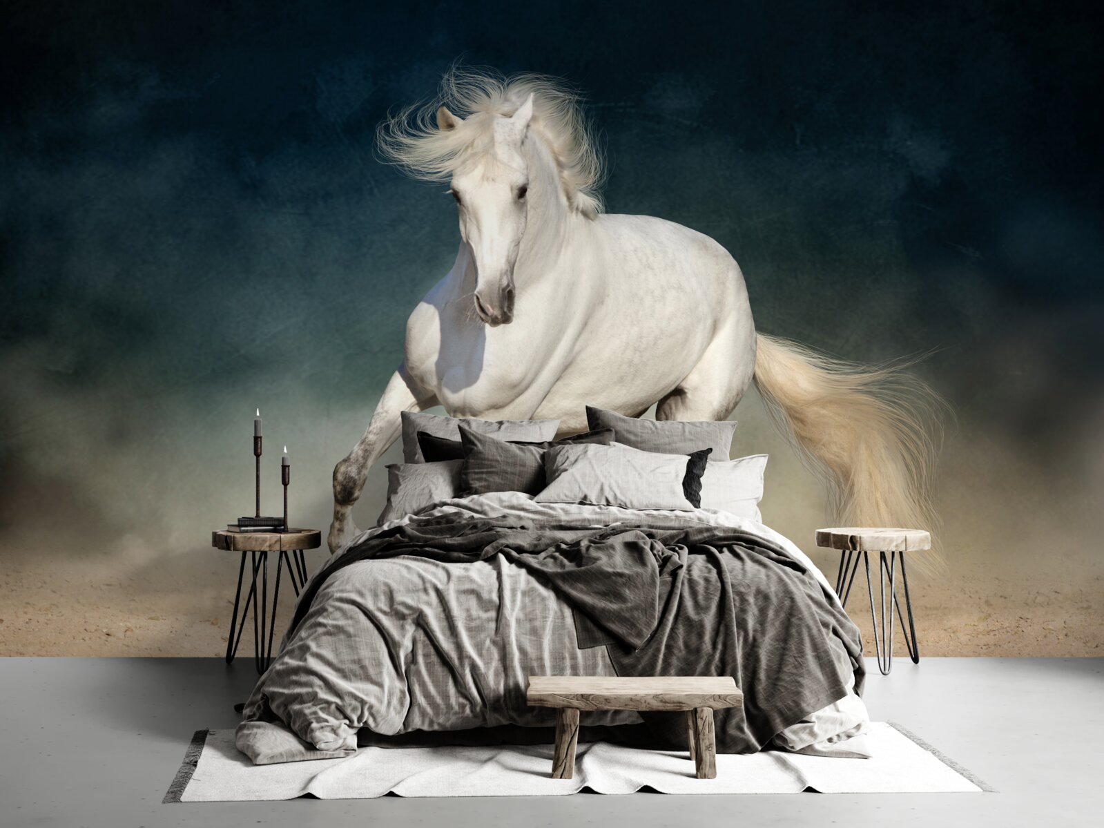 Fototapeta biały koń galopuje po otwartym polu