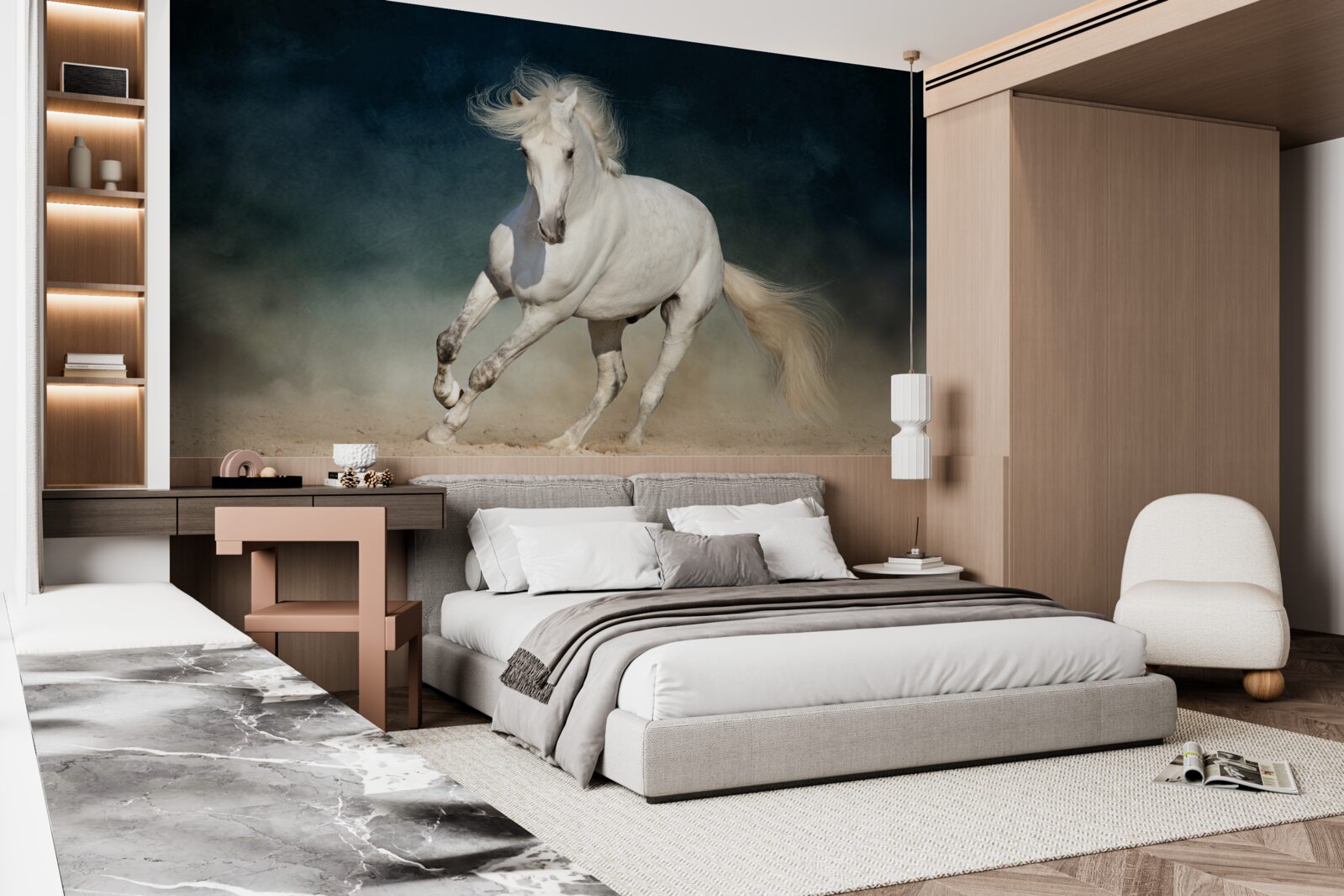 Fototapeta biały koń galopuje po otwartym polu