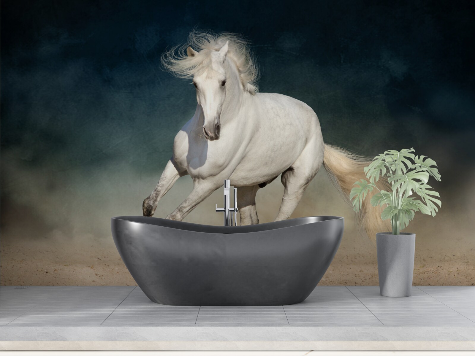 Fototapeta biały koń galopuje po otwartym polu