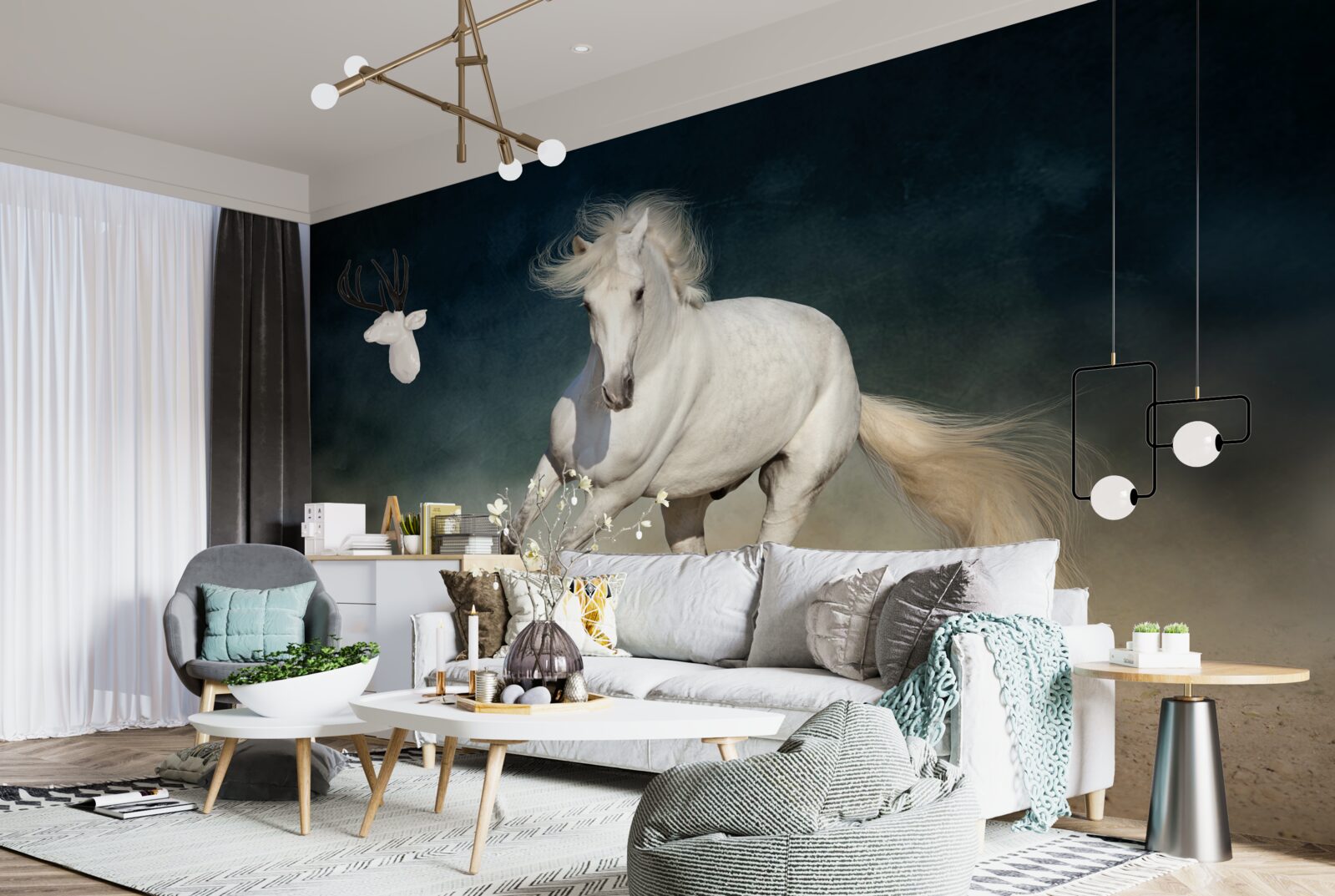 Fototapeta biały koń galopuje po otwartym polu