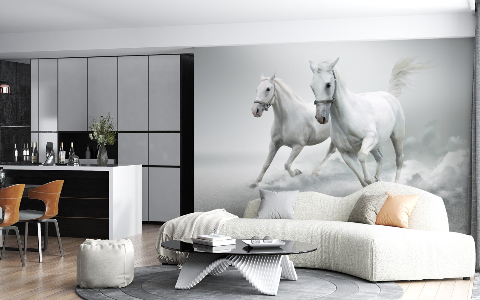 Fototapeta po jasnej piaszczystej powierzchni biegają dwa śnieżnobiałe ogiery