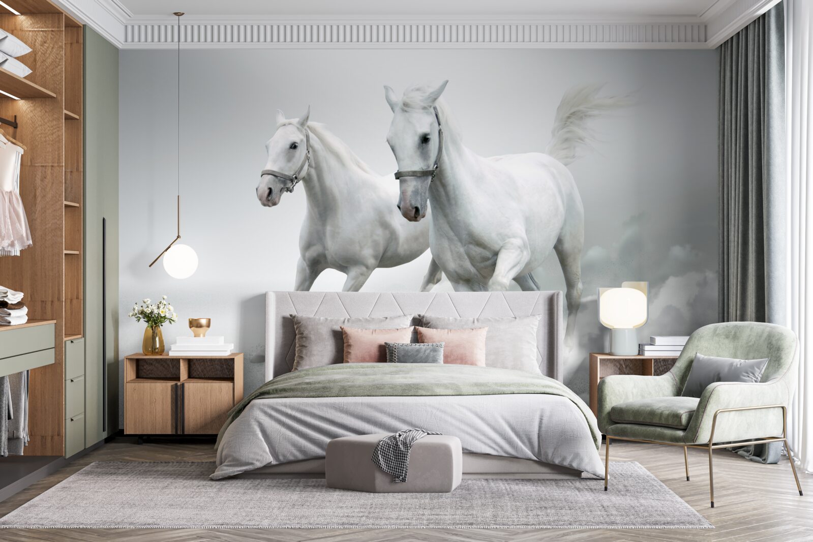 Fototapeta po jasnej piaszczystej powierzchni biegają dwa śnieżnobiałe ogiery