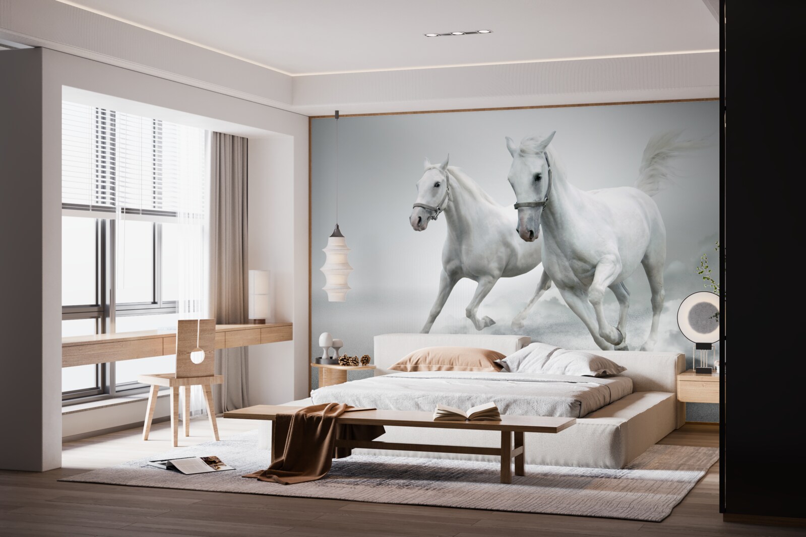 Fototapeta po jasnej piaszczystej powierzchni biegają dwa śnieżnobiałe ogiery