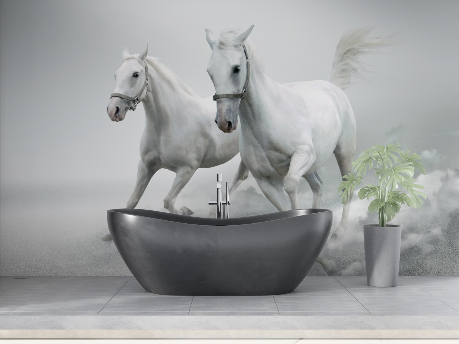 Fototapeta po jasnej piaszczystej powierzchni biegają dwa śnieżnobiałe ogiery