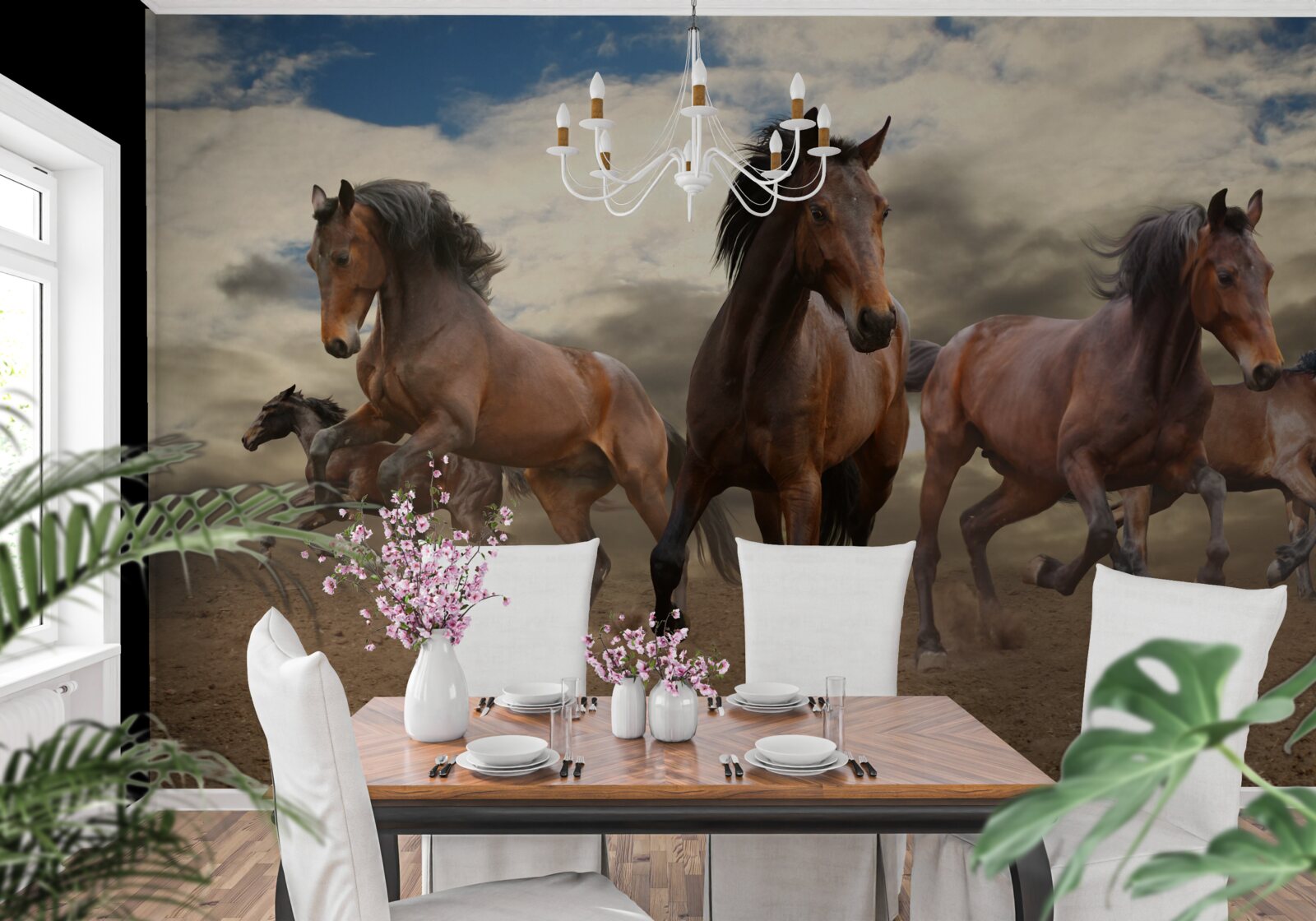 Fototapeta grupa brązowych koni pędzi po ziemi