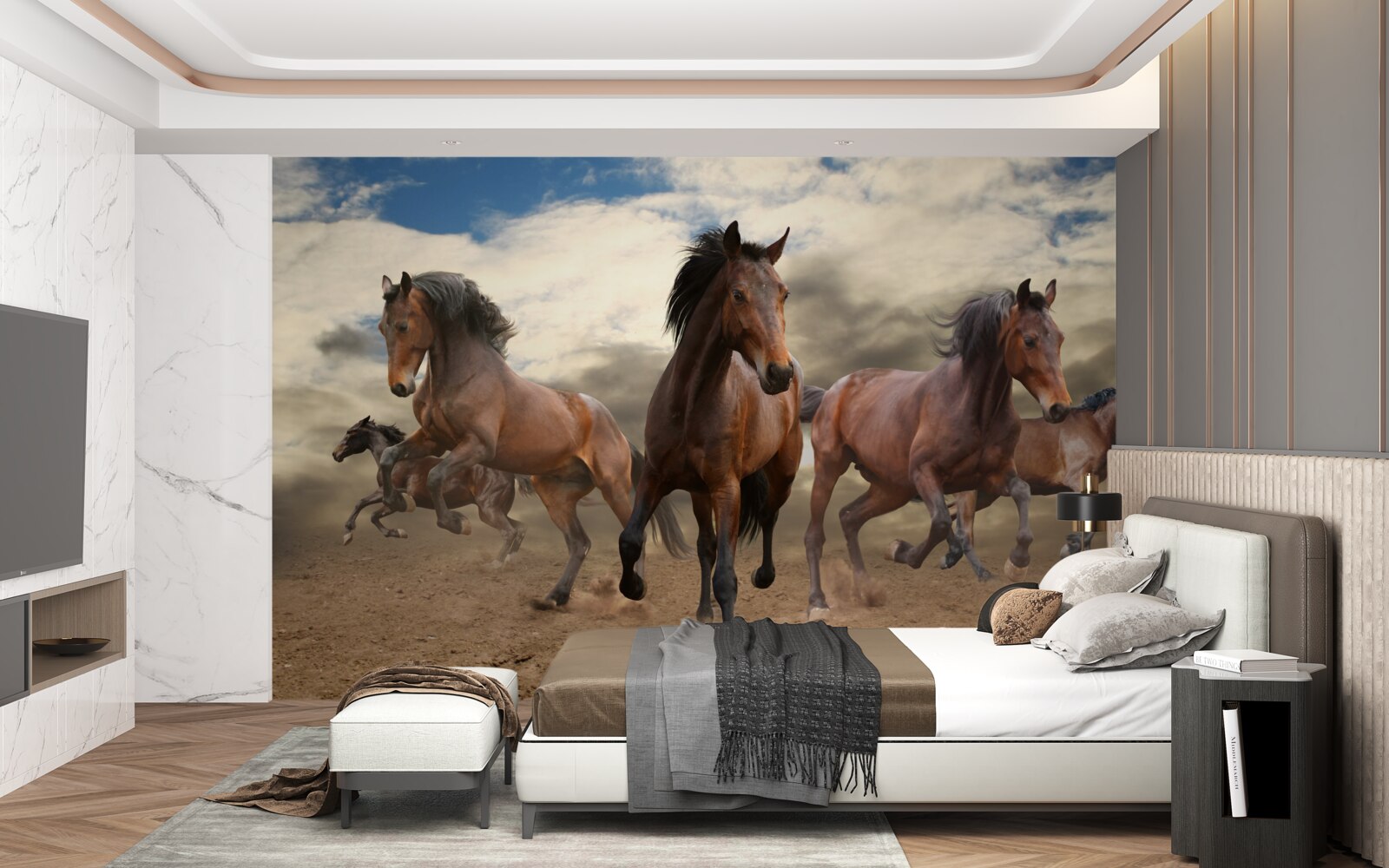 Fototapeta grupa brązowych koni pędzi po ziemi