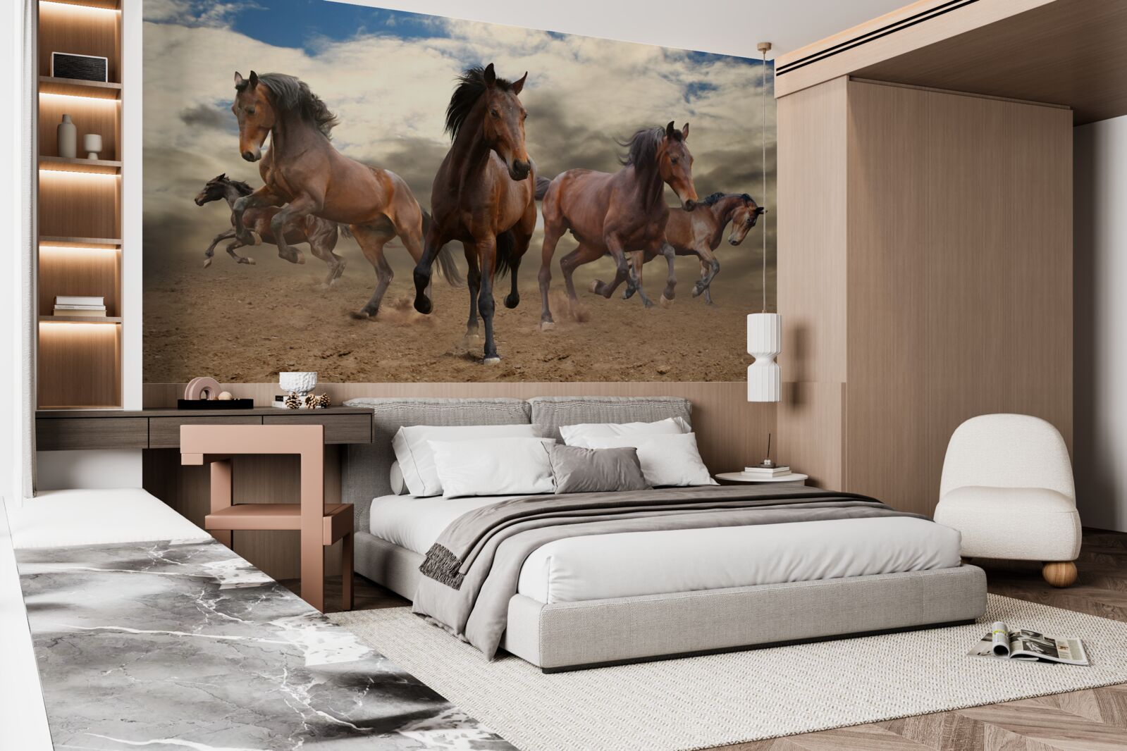 Fototapeta grupa brązowych koni pędzi po ziemi