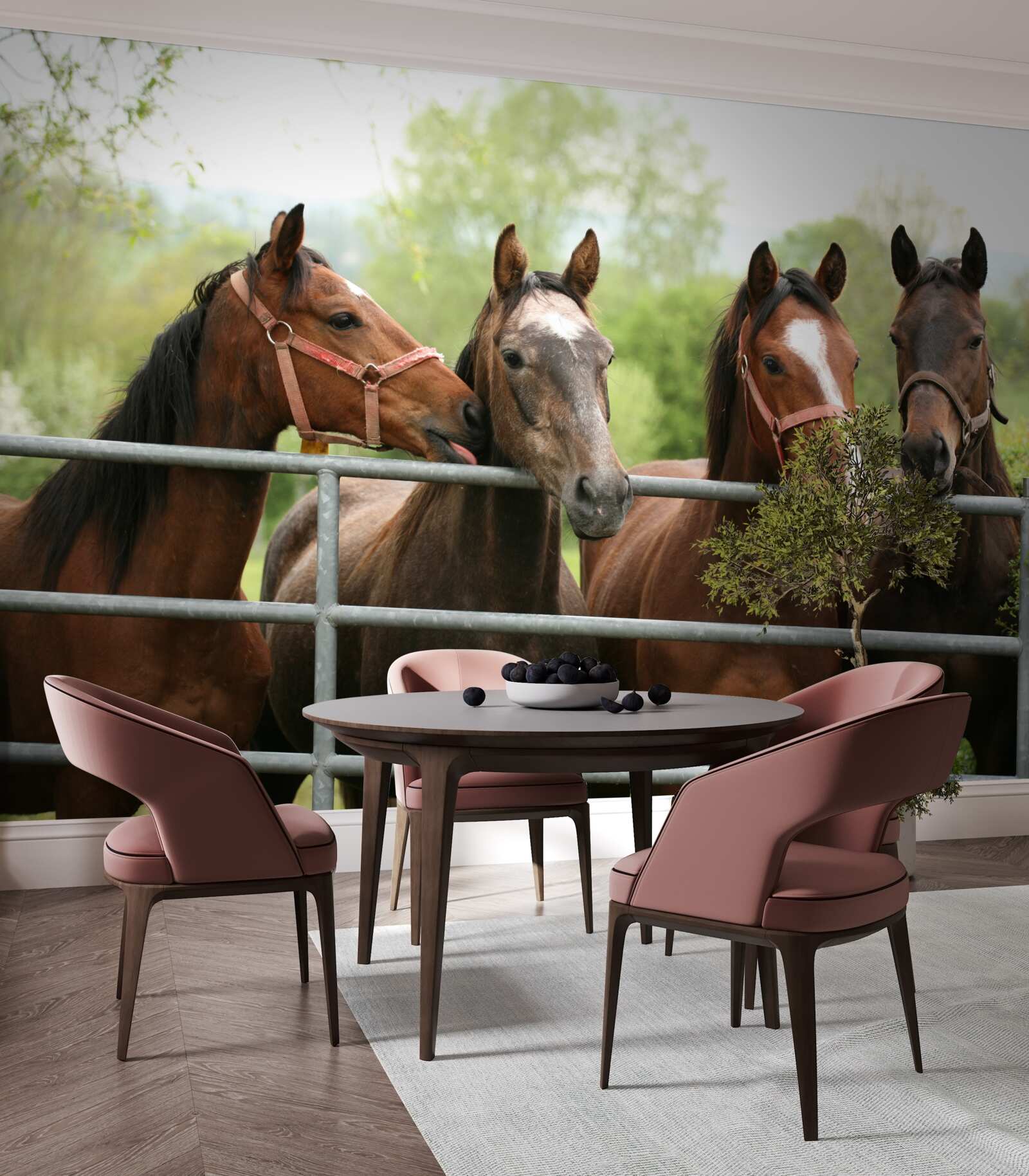 Fototapeta w zagrodzie znajdują się cztery brązowe konie