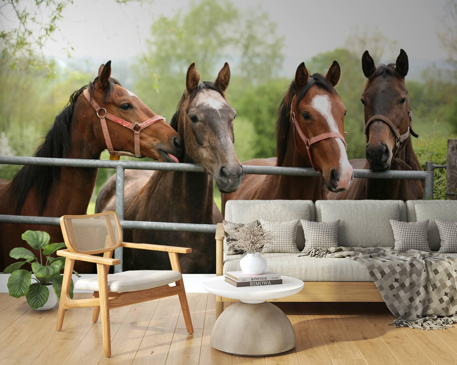 Fototapeta w zagrodzie znajdują się cztery brązowe konie