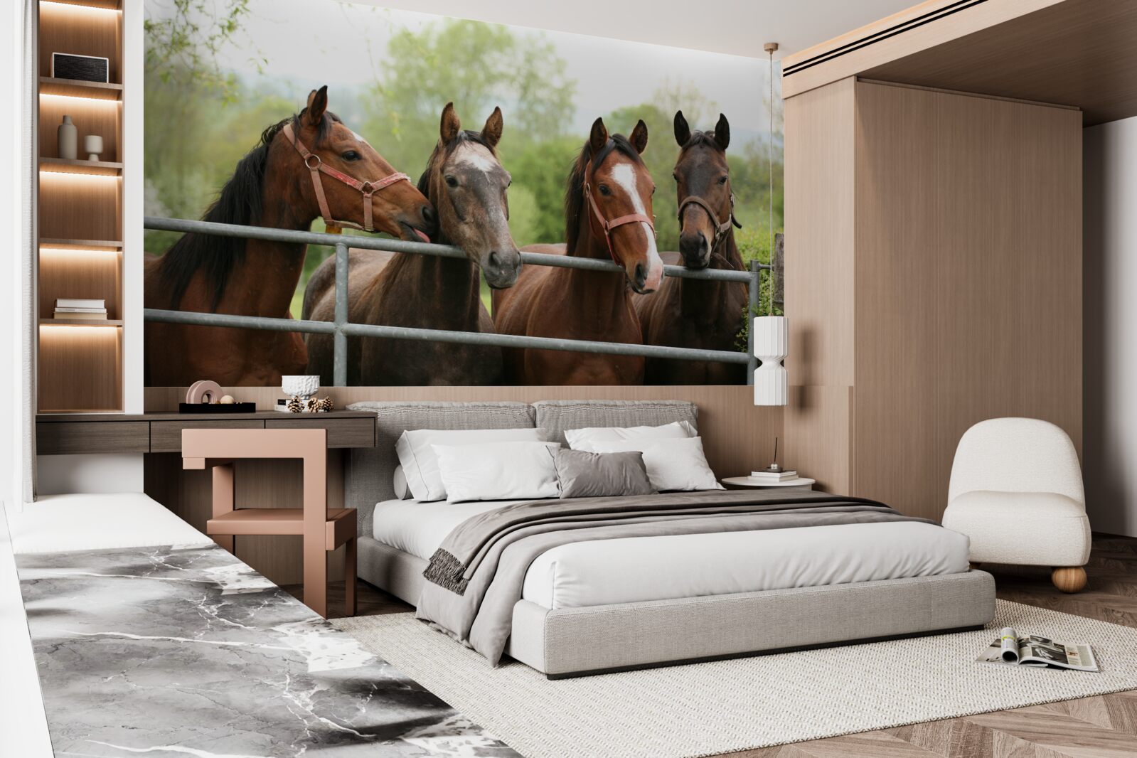 Fototapeta w zagrodzie znajdują się cztery brązowe konie